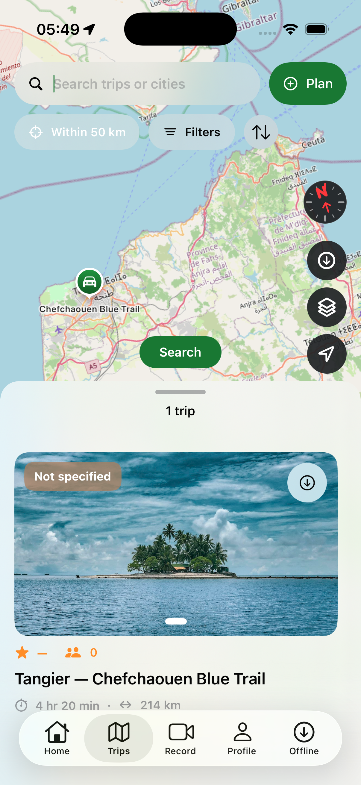 Saafir Trips page showing the map and trip card together